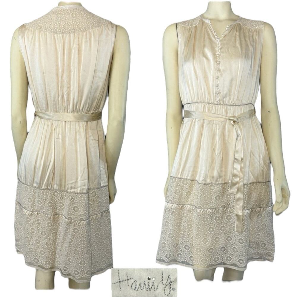 Hanii Y cream Silk sleeveless belted dress buttoned chest & lace size small